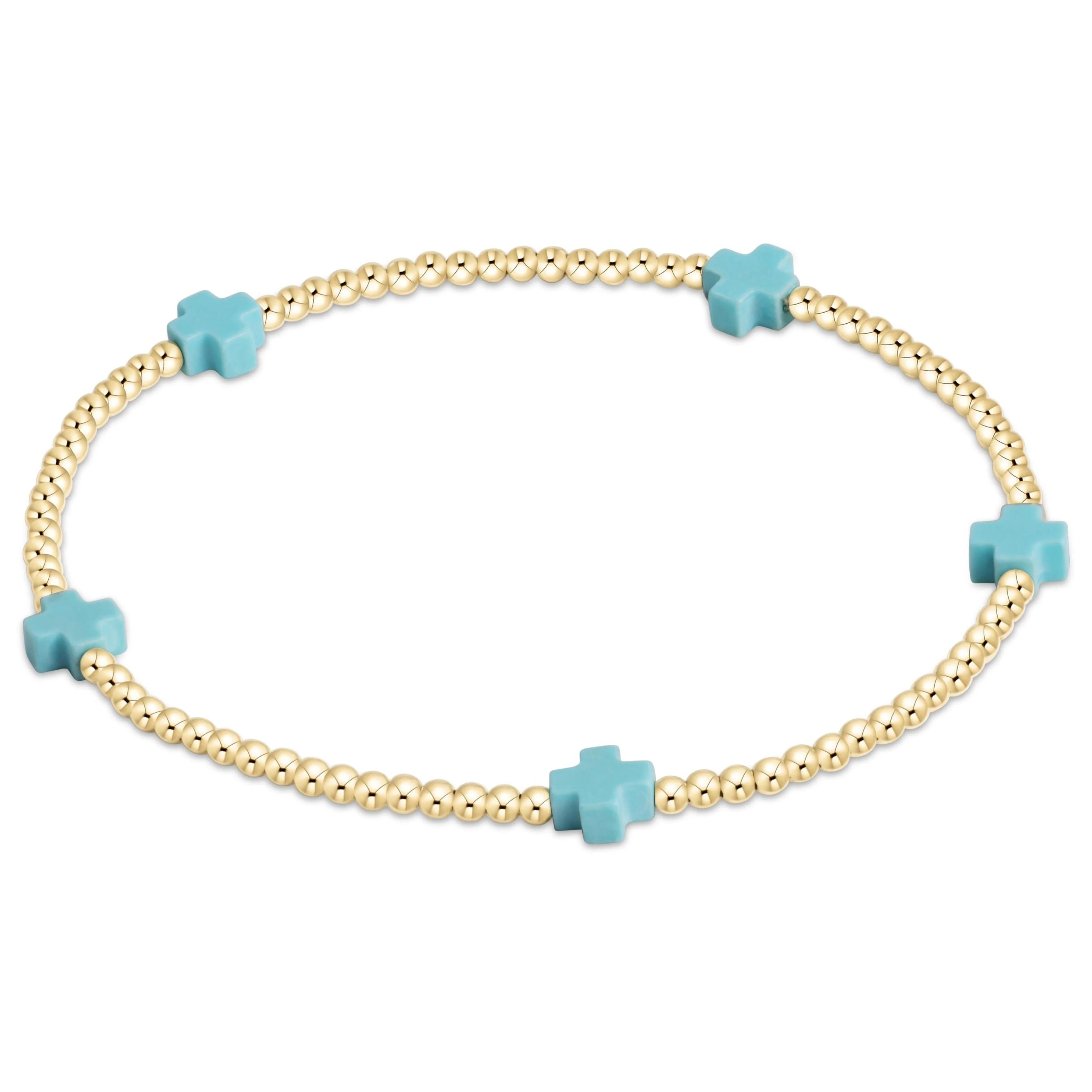 Signature cross 2mm gold bracelet-Turquoise